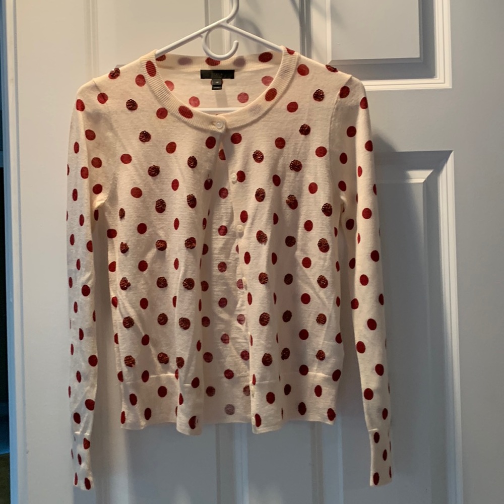 ♥️ J.Crew Red & Cream embellished cardigan sweater!